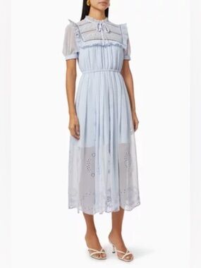 Self-Portrait Light Blue Broderie Embroidered Chiffon Midi Dress